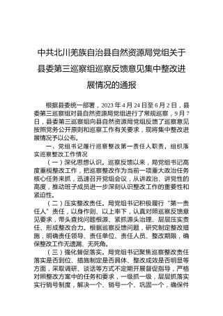 中共北川羌族自治县自然资源局党组关于县委第三巡察组巡察反馈意见集中整改进展情况的通报