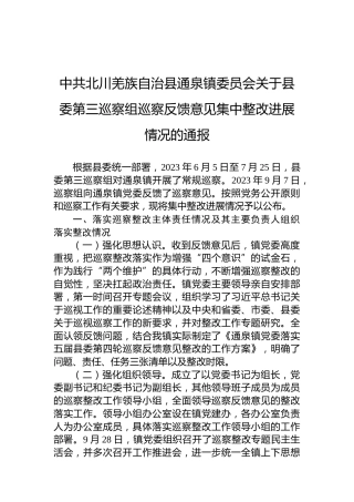 中共北川羌族自治县通泉镇委员会关于县委第三巡察组巡察反馈意见集中整改进展情况的通报