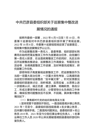 中共巴彦县委组织部关于巡察集中整改进展情况的通报
