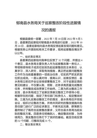 郁南县水务局关于巡察整改阶段性进展情况的通报
