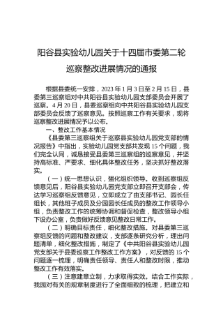 阳谷县实验幼儿园关于十四届市委第二轮巡察整改进展情况的通报