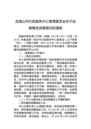 武夷山市行政服务中心管理委员会关于巡察整改进展情况的通报