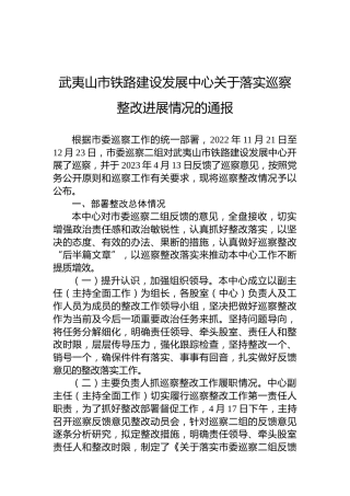武夷山市铁路建设发展中心关于落实巡察整改进展情况的通报
