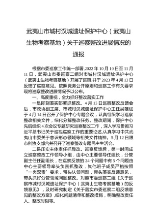 武夷山市城村汉城遗址保护中心（武夷山生物考察基地）关于巡察整改进展情况的通报