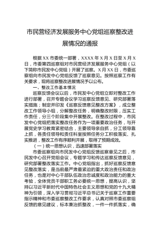 市民营经济发展服务中心党组巡察整改进展情况的通报