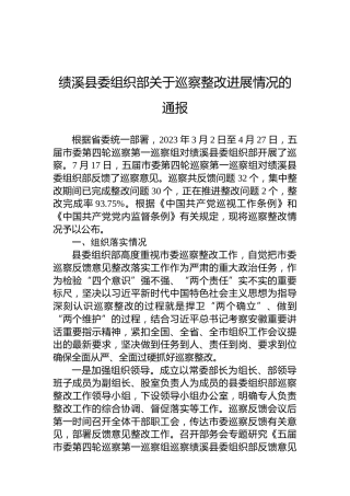绩溪县委组织部关于巡察整改进展情况的通报