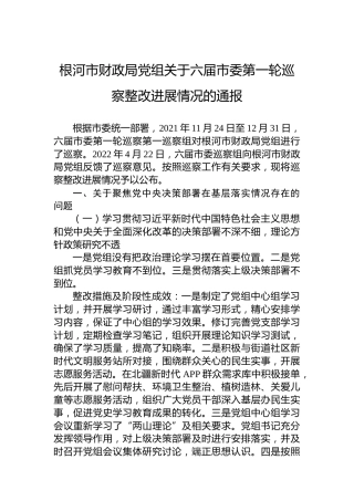 根河市财政局党组关于六届市委第一轮巡察整改进展情况的通报