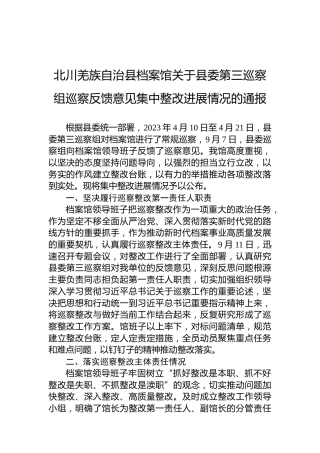 北川羌族自治县档案馆关于县委第三巡察组巡察反馈意见集中整改进展情况的通报