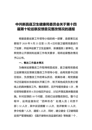 2021新昌县卫健委十四届巡察整改情况通报