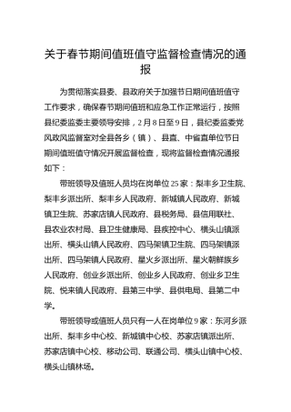 关于春节期间值班值守监督检查情况的通报