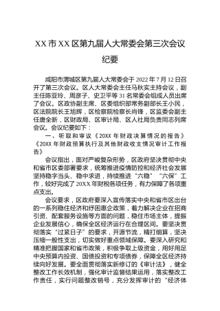 XX市XX区第九届人大常委会第三次会议纪要（20220713）
