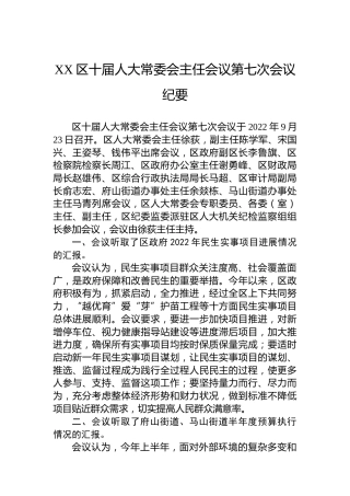 XX区十届人大常委会主任会议第七次会议纪要（20221013）