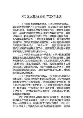 X区民政局2023年工作计划