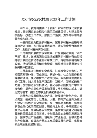 XX市农业农村局2023年工作计划