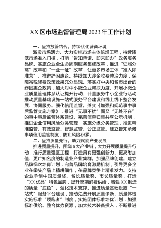 XX区市场监督管理局2023年工作计划