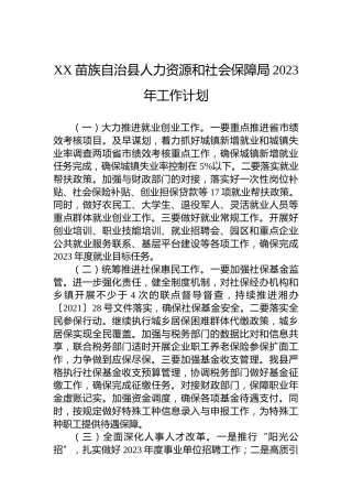 XX苗族自治县人力资源和社会保障局2023年工作计划