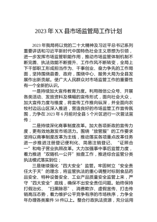 2023年XX县市场监管局工作计划
