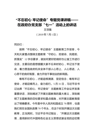 王羽强：“不忘初心牢记使命”专题党课讲稿——在政府办党支部“七一”活动上的讲话