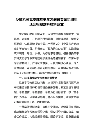 乡镇机关党支部党史学习教育专题组织生活会检视剖析材料范文