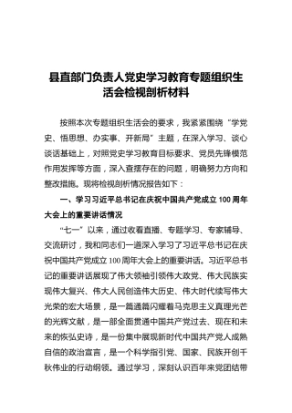县直部门负责人党史学习教育专题组织生活会检视剖析材料