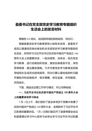 县委书记在党支部党史学习教育专题组织生活会上的发言材料