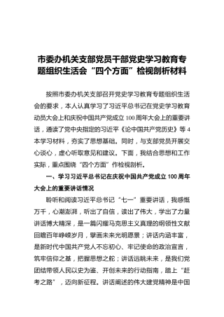 市委办机关支部党员干部党史学习教育专题组织生活会“四个方面”检视剖析材料