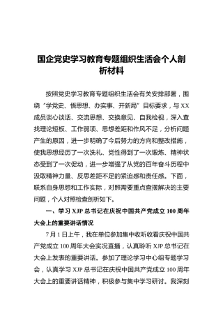 国企党史学习教育专题组织生活会个人剖析材料