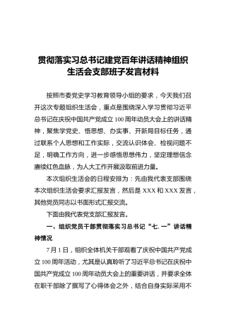 贯彻落实习总书记建党百年讲话精神组织生活会支部班子发言材料