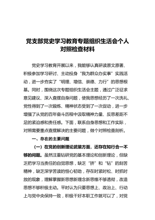 党支部党史学习教育专题组织生活会个人对照检查材料