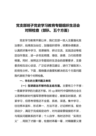 党支部班子党史学习教育专题组织生活会对照检查（部队、五个方面）