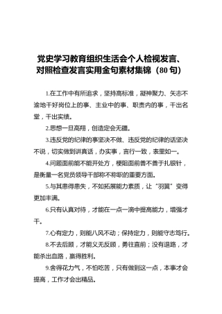 党史学习教育组织生活会个人检视发言、对照检查发言实用金句素材集锦（80句）