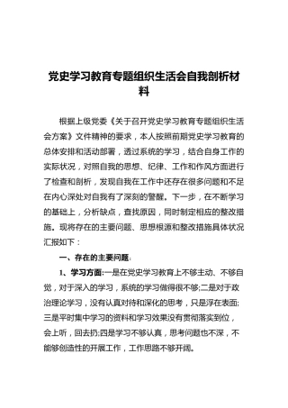 党史学习教育专题组织生活会自我剖析材料