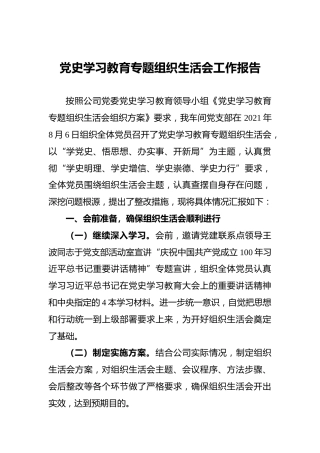 党史学习教育专题组织生活会工作报告