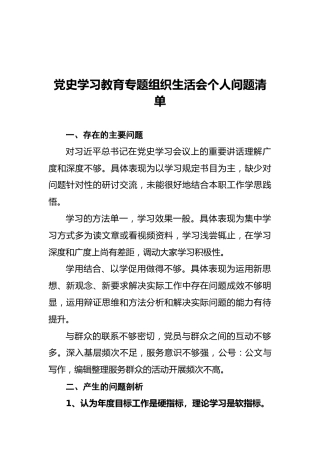 党史学习教育专题组织生活会个人问题清单