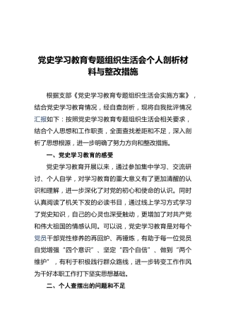 党史学习教育专题组织生活会个人剖析材料与整改措施 (2)