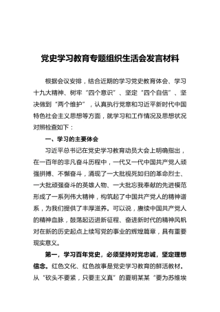 党史学习教育专题组织生活会发言材料（一）