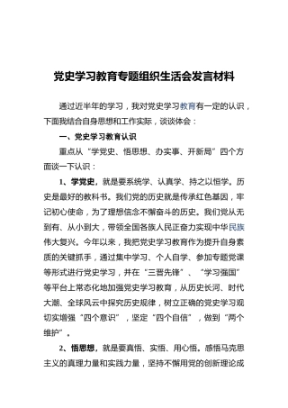 党史学习教育专题组织生活会发言材料 (2)