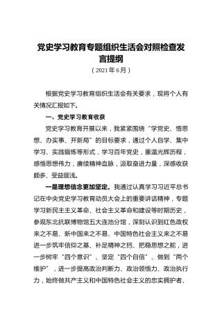 党史学习教育专题组织生活会对照检查发言提纲 (2)