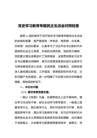 党史学习教育专题民主生活会对照检查