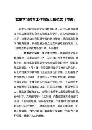 党史学习教育工作情况汇报范文（市级）