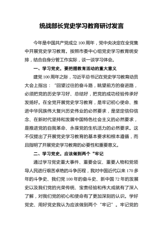 统战部长党史学习教育研讨发言(1)