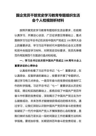 国企党员干部党史学习教育专题组织生活会个人检视剖析材料
