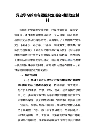 党史学习教育专题组织生活会对照检查材料(1)