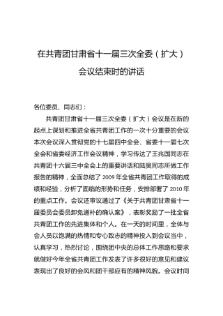 张旭晨：在共青团甘肃省十一届三次全委（扩大）会议结束时的讲话