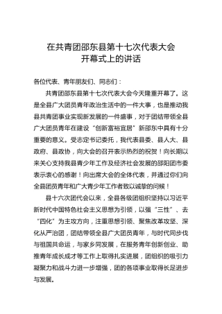 在共青团邵东县第十七次代表大会开幕式上的讲话