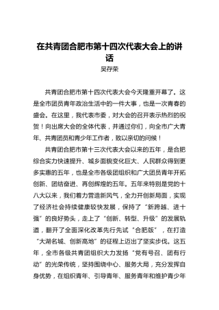 吴存荣：在共青团合肥市第十四次代表大会上的讲话