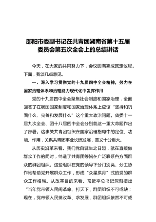 邵阳市委副书记在湖南共青团十五届全会上总结讲话