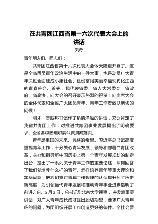 刘奇：在共青团江西省第十六次代表大会上的讲话(1)