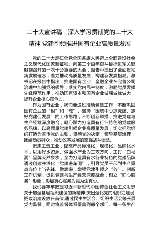 二十大宣讲稿：深入学习贯彻党的二十大精神党建引领推进国有企业高质量发展（20221223）（盛会）