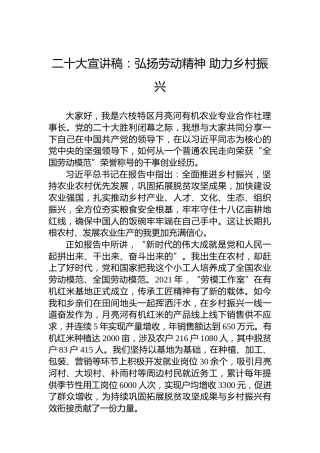 二十大宣讲稿：弘扬劳动精神助力乡村振兴（20221122）（盛会）